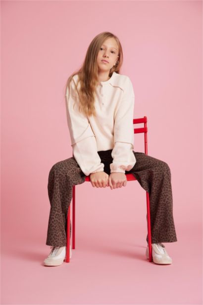 Oversize Geniş Kalıp Bisiklet Yaka Düğmeli Sweatshirt Kız Çocuk