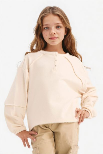 Oversize Geniş Kalıp Bisiklet Yaka Düğmeli Sweatshirt Kız Çocuk