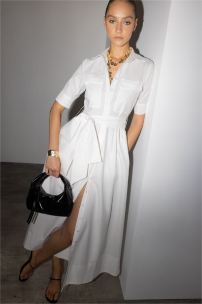 فستان ميدي بوبلين بياخة قميص بتفاصيل برباط