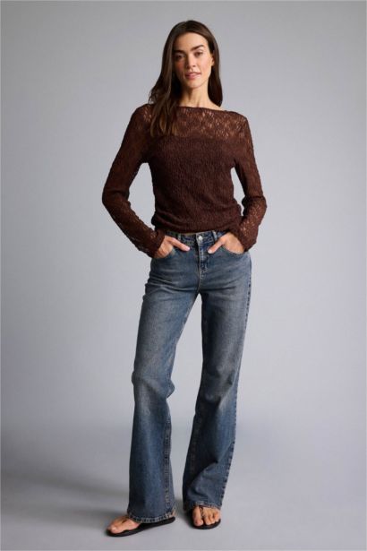 Fıtted Kayık Yaka Dantel Uzun Kollu Bluz