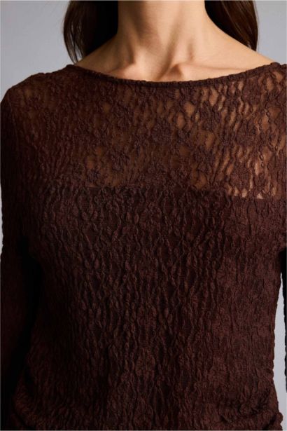 Fıtted Kayık Yaka Dantel Uzun Kollu Bluz