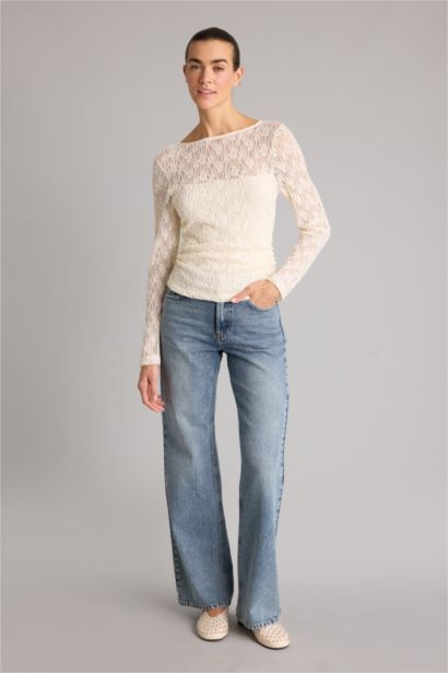 Slim Fit Boat Collar Long Sleeve Blouse