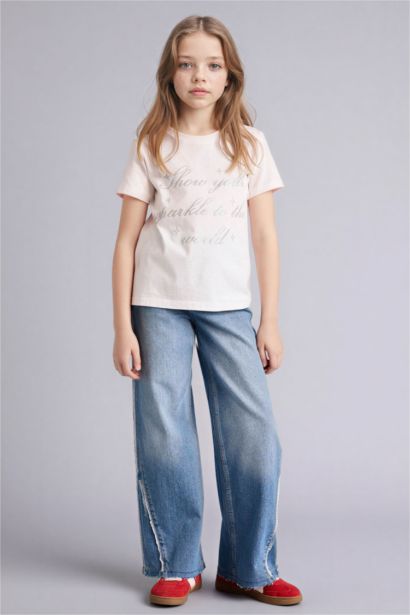 Girl Regular Fit Crew Neck Slogan Print Short Sleeve T-Shirt