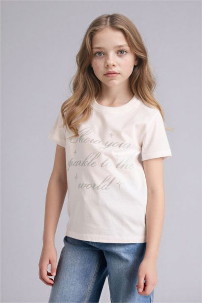 Girl Regular Fit Crew Neck Slogan Print Short Sleeve T-Shirt