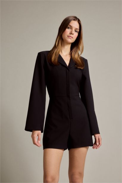 Fitted Krep Uzun Kollu Kısa Tulum