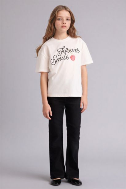 تيشيرت بناتي اوفر سايز نص كم مطبوع برقبة مستديرة