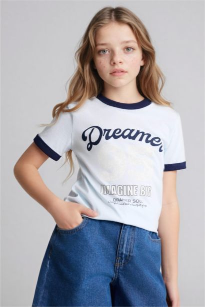 Футболка Regular Fit с круглым вырезом узором из цифр и коротким рукавом для девочек