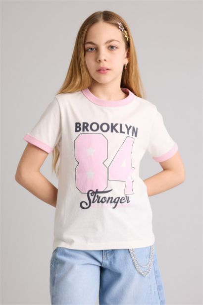 Футболка Regular Fit с круглым вырезом узором из цифр и коротким рукавом для девочек