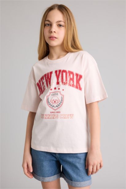Футболка оверсайз с круглым вырезом принтом-слоганом и коротким рукавом для девочек