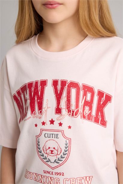 Футболка оверсайз с круглым вырезом принтом-слоганом и коротким рукавом для девочек