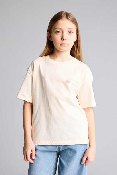 %100 Pamuk Oversize Çiçek Desenli Tişört Kız Çocuk