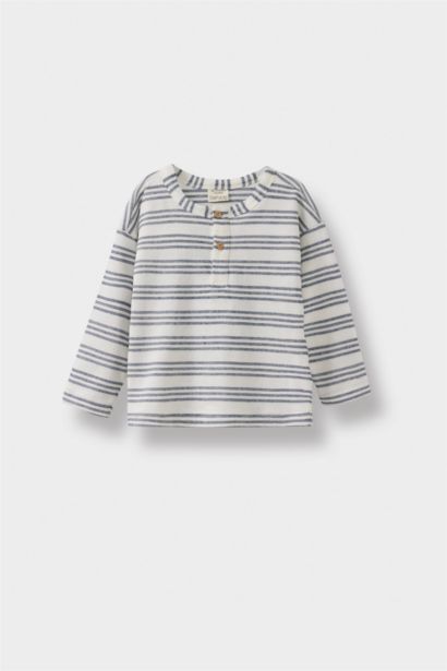 Baby Boy Crew Neck Striped Pique Long Sleeve T-Shirt