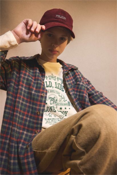 Boy Overshirt Fit Polo Neck Plaid Long Sleeve Shirt