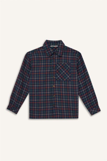 Boy Overshirt Fit Polo Neck Plaid Long Sleeve Shirt