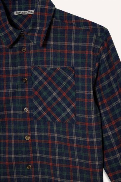 Boy Overshirt Fit Polo Neck Plaid Long Sleeve Shirt
