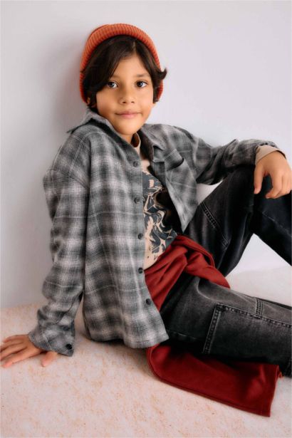 Overshirt Fit Polo Yaka Kareli Flanel Uzun Kollu Gömlek Erkek Çocuk