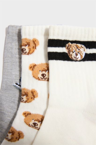 Ayıcıklı 3'lü Pamuklu Uzun Çorap Erkek Çocuk