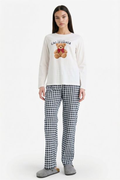 Regular Fit Teddy Bear Print Top Bottom 2 Piece Pajama Set