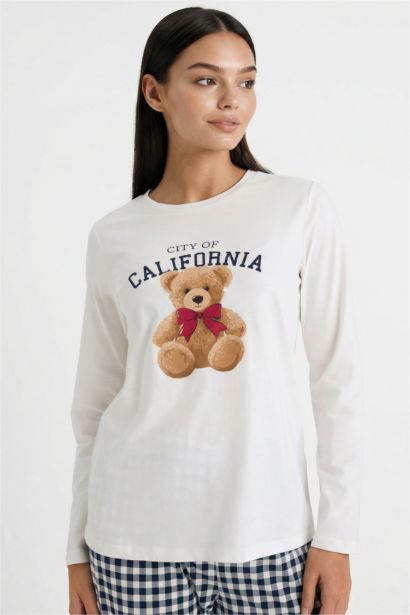 Regular Fit Teddy Bear Print Top Bottom 2 Piece Pajama Set