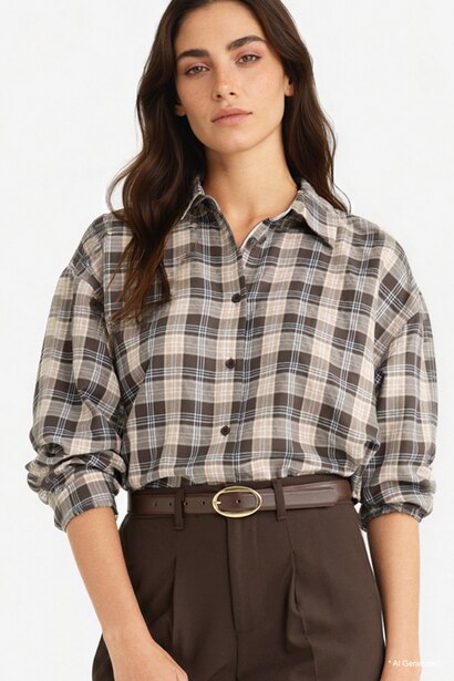 Oversize Shirt Collar Flanel Plaid Long Sleeve Shirt