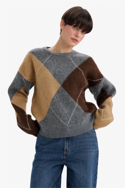 Relax Fit Bisiklet Yaka Baklava Desenli Triko Kazak