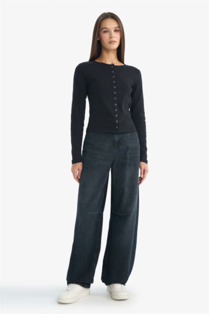 تيشيرت ردن طويل مخصر سليم فيت وياخة مستديرة