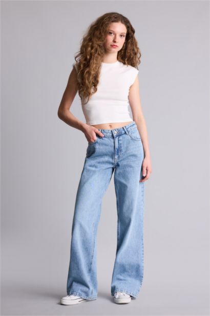 بنطرون جينز وايد ليج بخصر منخفض