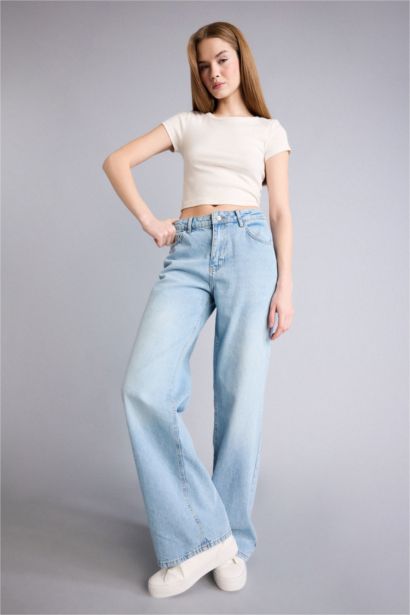 بنطرون جينز وايد ليج بخصر منخفض