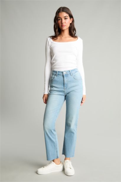 Yüksek Bel Bilek Boyu Crop Kesim Jean Pantolon