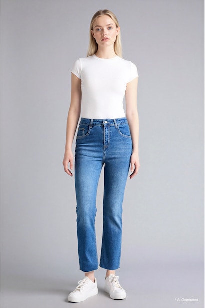 Jean taille haute Longueur courte Coupe évasée