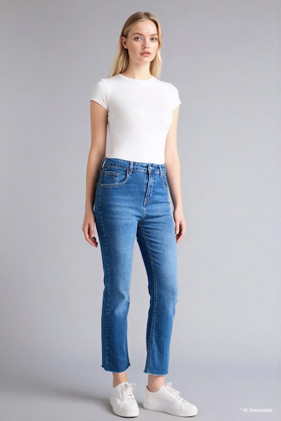 Jean taille haute Longueur courte Coupe évasée