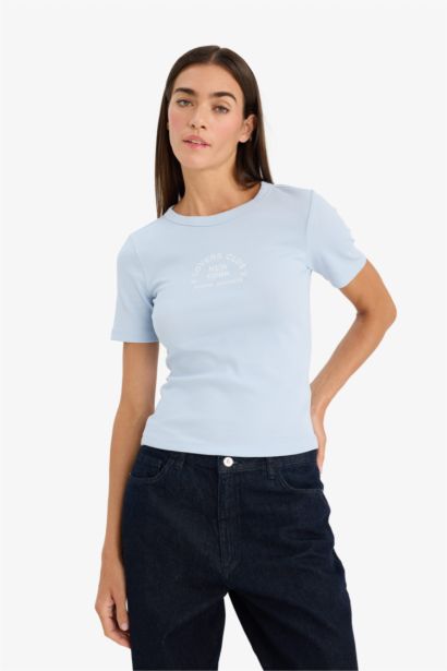 Футболка кашкорсе Slim Fit в рубчик с круглым вырезом принтом и коротким рукавом