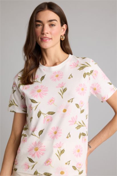Трикотажная футболка Regular Fit с круглым вырезом цветочным принтом и коротким рукавом