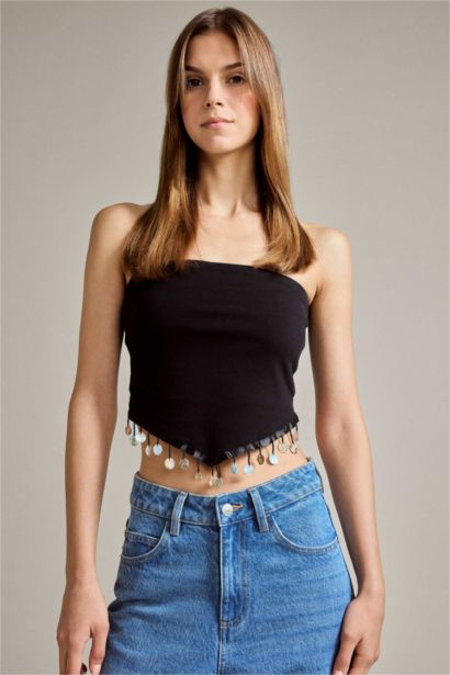 Straplez Boncuk Detaylı Bluz