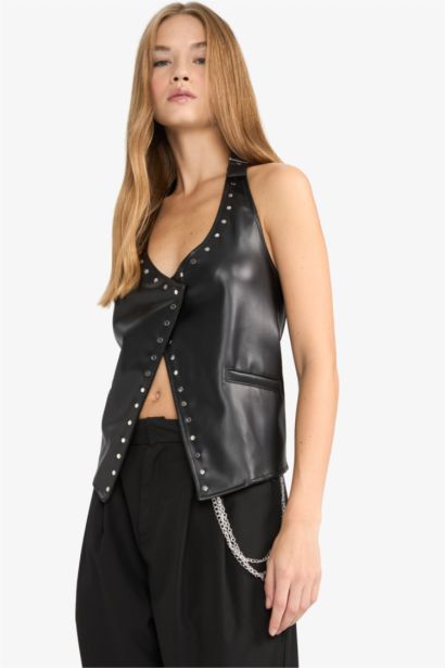 Halter Collar Faux Leather Vest