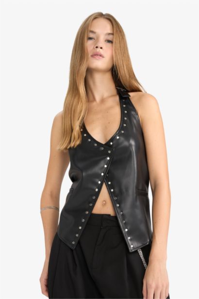 Halter Collar Faux Leather Vest