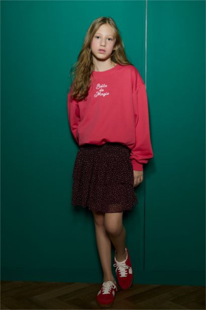 Oversize Geniş Kalıp Bisiklet Yaka Baskılı Sweatshirt Kız Çocuk