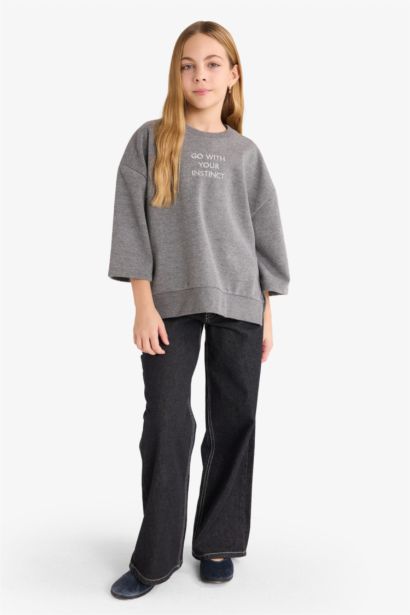 Oversize Geniş Kalıp Bisiklet Yaka Baskılı Sweatshirt Kız Çocuk