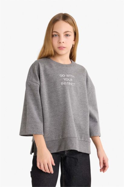 Oversize Geniş Kalıp Bisiklet Yaka Baskılı Sweatshirt Kız Çocuk