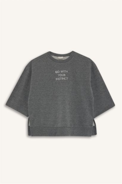 Oversize Geniş Kalıp Bisiklet Yaka Baskılı Sweatshirt Kız Çocuk