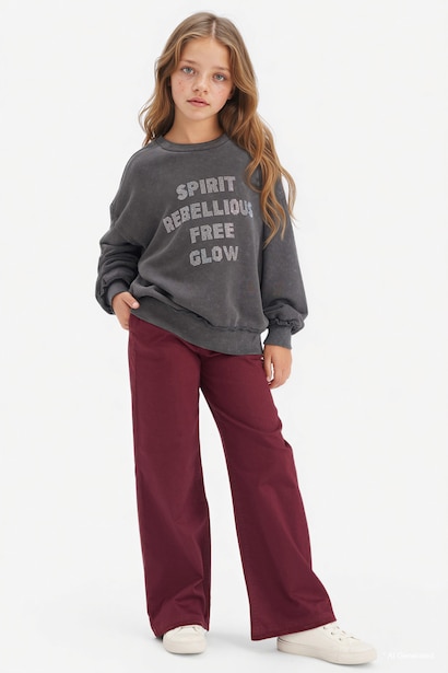 Oversize Geniş Kalıp Bisiklet Yaka Baskılı Sweatshirt Kız Çocuk