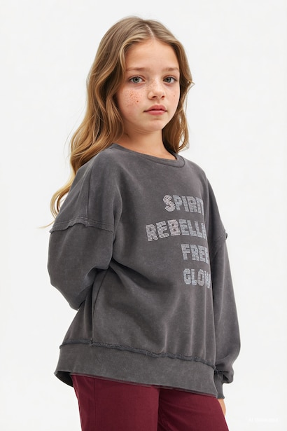 Oversize Geniş Kalıp Bisiklet Yaka Baskılı Sweatshirt Kız Çocuk