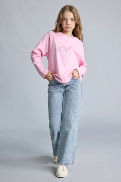 Sweatshirt à col rond avec strass oversize pour fille