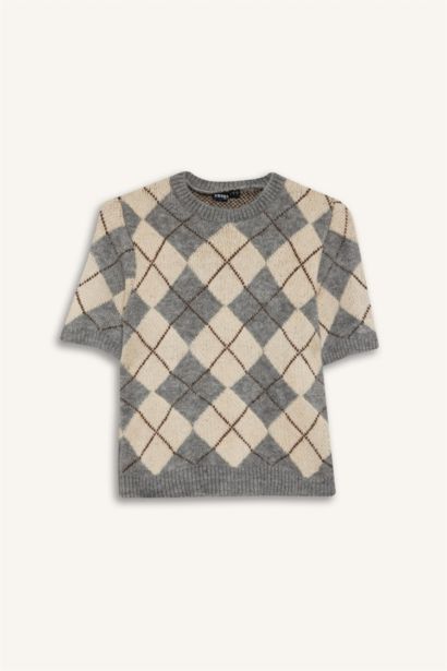 Обтягивающий пуловер с круглым вырезом и короткими рукавами, с узором 