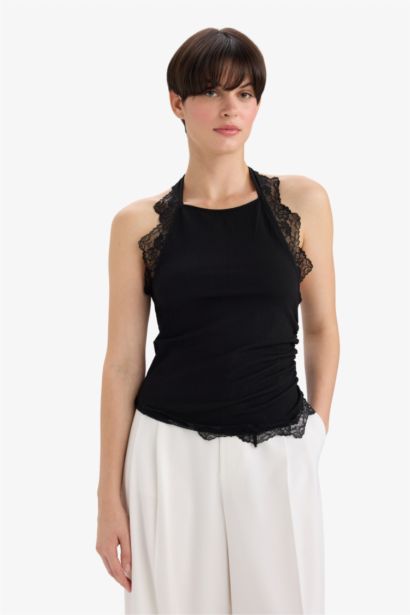 Slim Fit Dar Kesim Halter Yaka Bürümcük Bluz