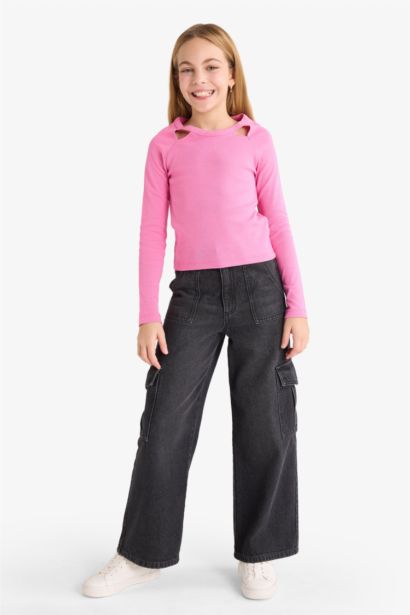 Slim Fit Dar Kesim Taşlı Yaka Fitilli Kaşkorse Uzun Kollu Tişört Kız Çocuk