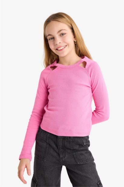 Slim Fit Dar Kesim Taşlı Yaka Fitilli Kaşkorse Uzun Kollu Tişört Kız Çocuk