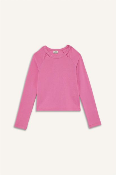 Slim Fit Dar Kesim Taşlı Yaka Fitilli Kaşkorse Uzun Kollu Tişört Kız Çocuk