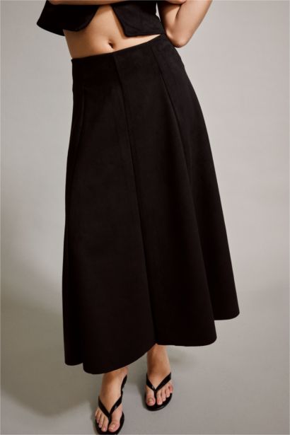 Süet Pileli Midi Etek