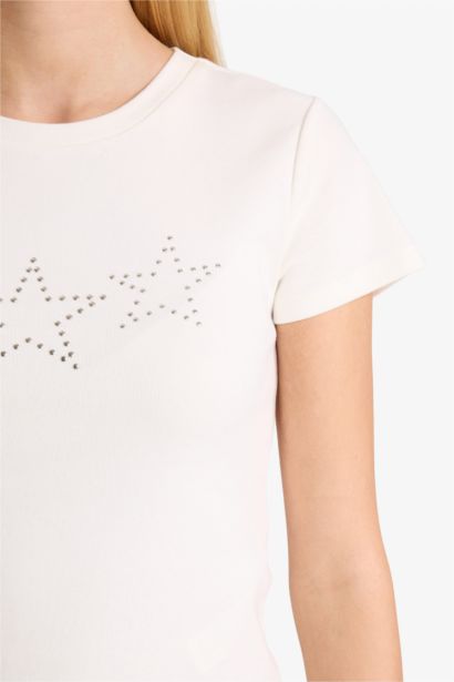 Fitted Star Patterned Ribbed Short Sleeve T-Shirt
